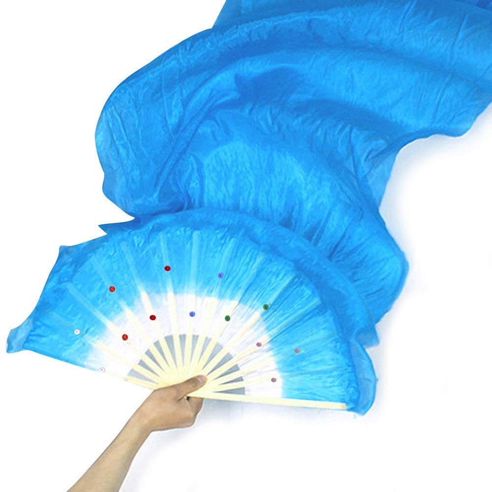 Weisipu 18M Artificial Silk Belly Dance Handmade Bamboo Fans Veils Right Hand(Blue)