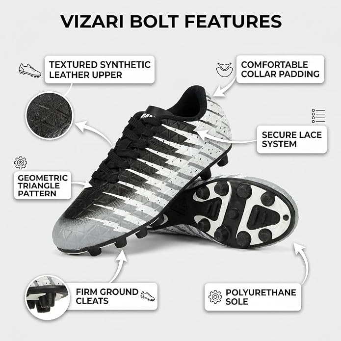 Vizari Bolt Youth Firm Ground Soccer Shoes - White/Black/Silver