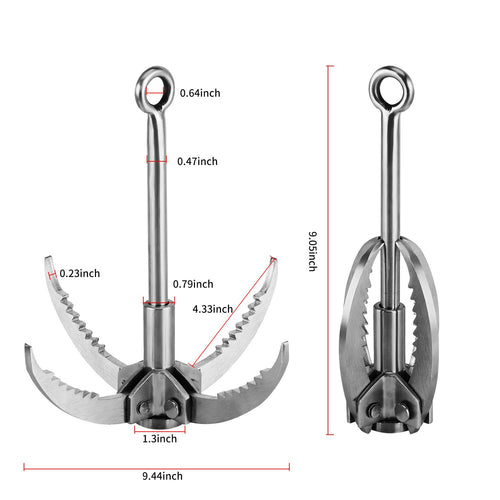 Ant Mag Grappling Hook Stainless Steel Claw Carabiner With 30M/65Ft 6Mm Auxiliary Red Rope For Camping Hiking Tree Grabbing And