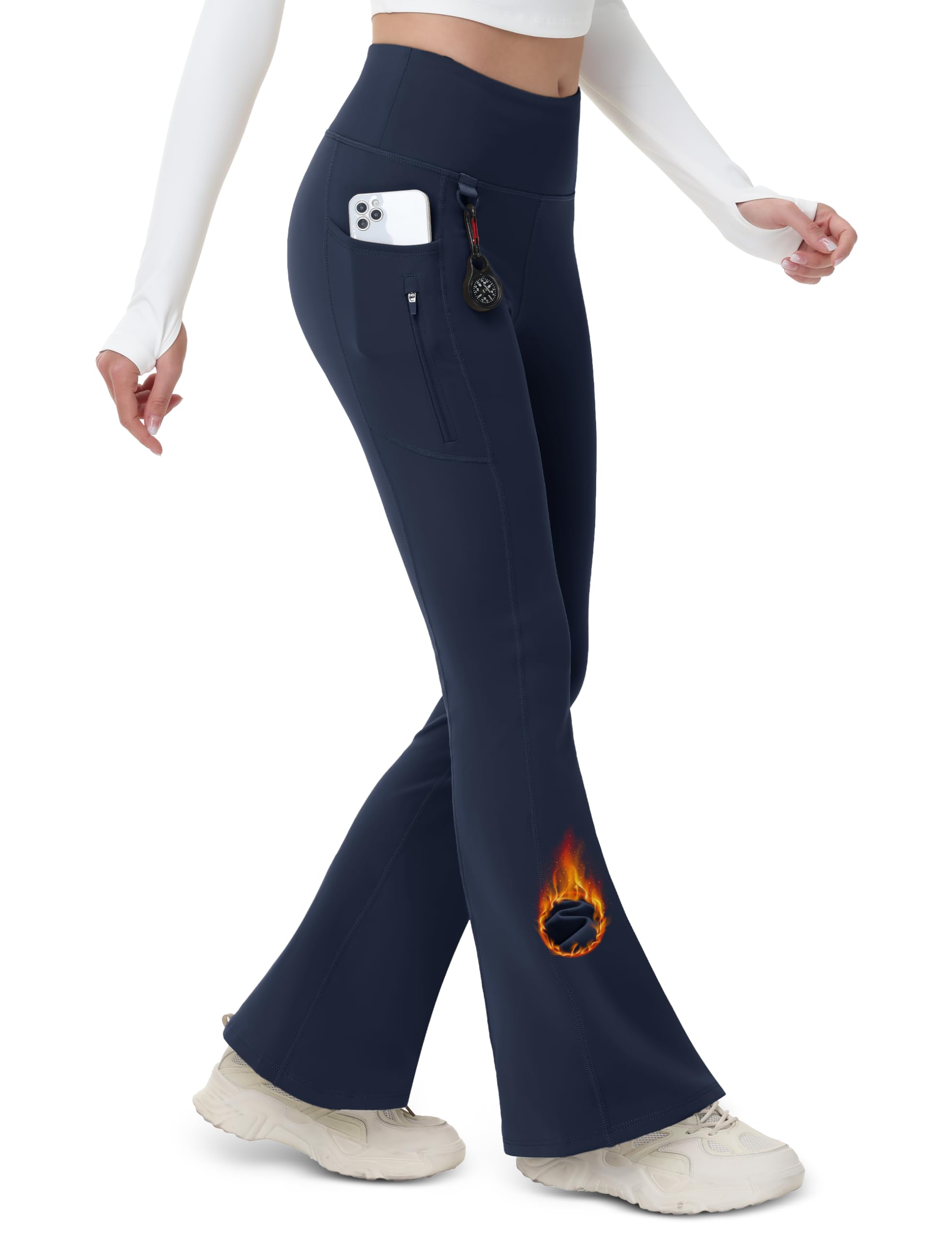 MAGCOMSEN Womens Fleece Lined Pants Waterproof Insulated Soft Flare Leggings with Pockets Winter Outdoor Navy Blue L