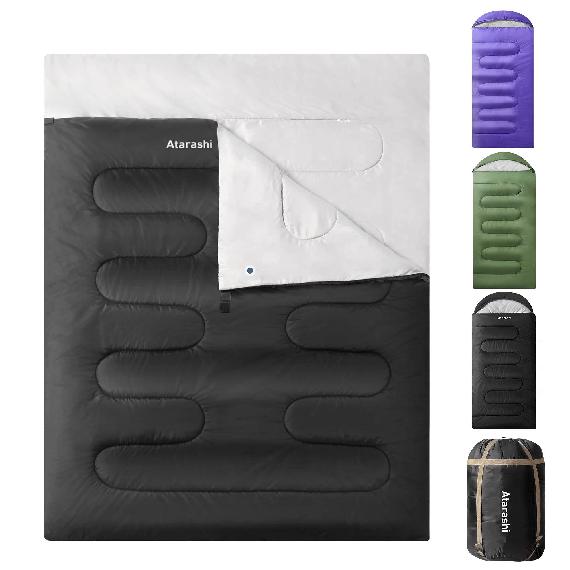 Atarashi Double Sleeping Bags For Adults, 3-4 Seasons Extra Wide Xl Queen Size Two Person Sleeping Bag, Couple Black Sleeping Ba