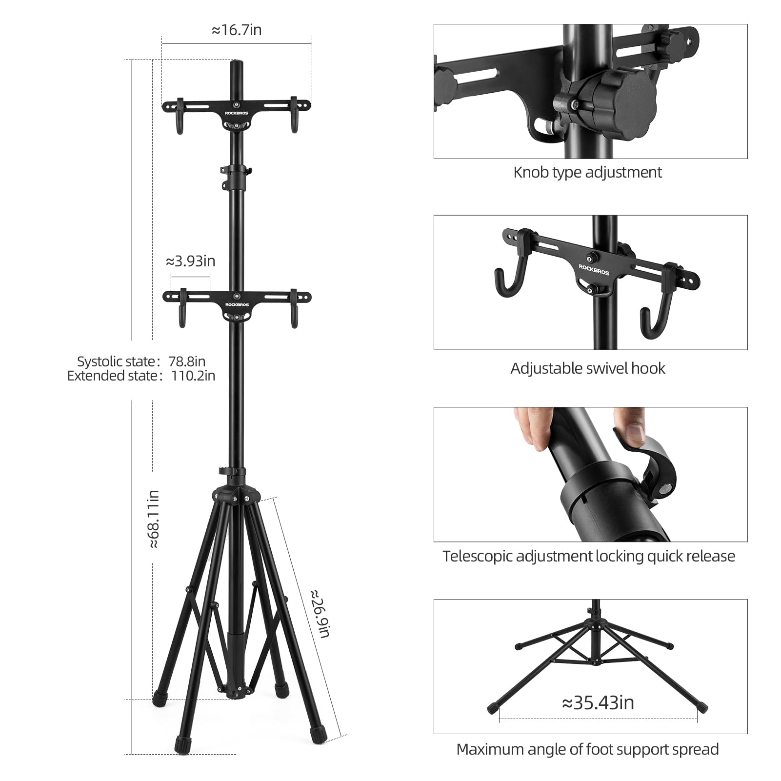 Rockbros 2 Bicycle Vertical Trailer Rack Indoor Bike Rack Gravity Wall Vertical Bike Stand Adjustable 68.11-110.2In For Road, Mt