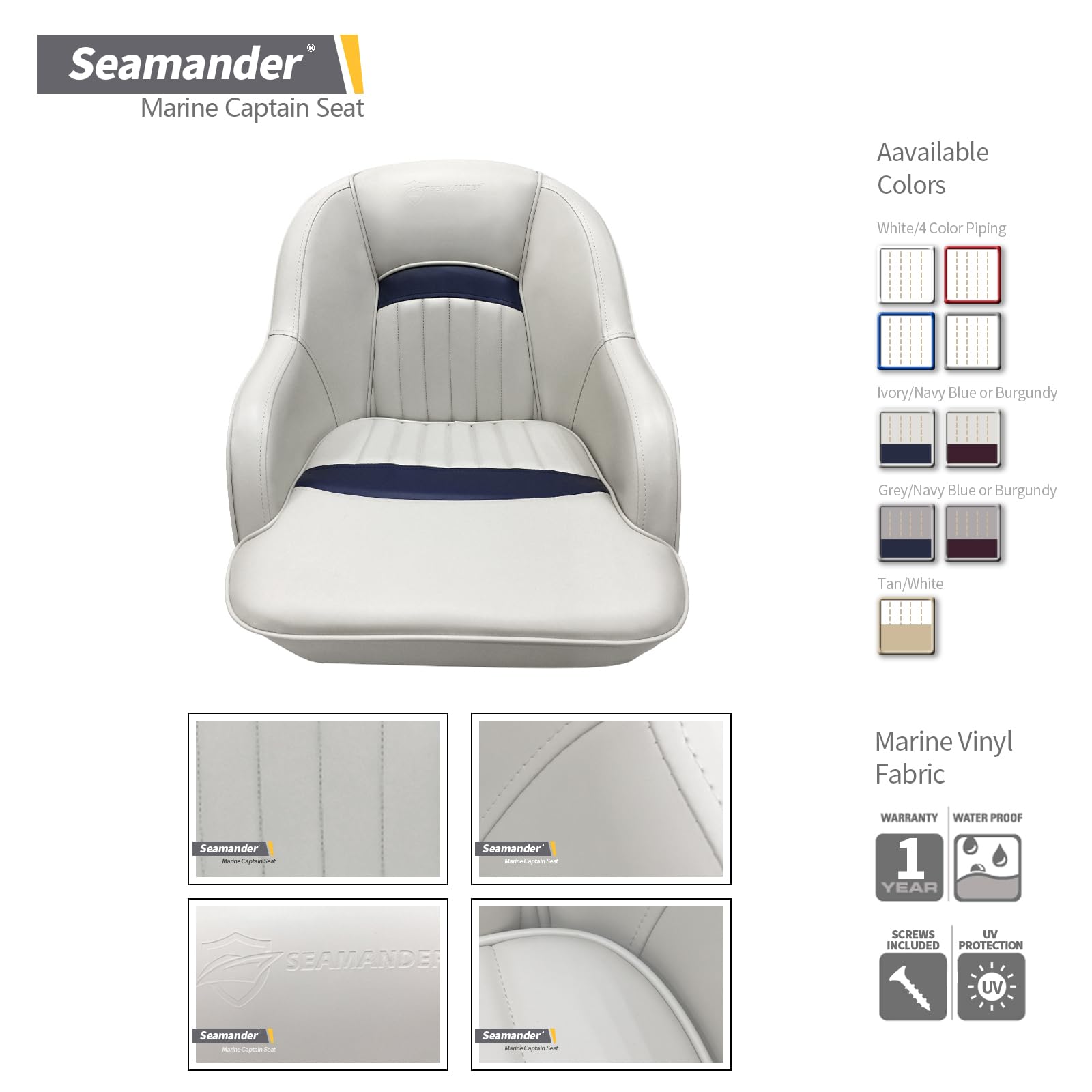 Seamander Pontoon Captains Bucket Boat Seat, 19.7H X 22.2L X 21.7D Inches, Injection Molded Plastic Frame, Plush Foam Padding, M