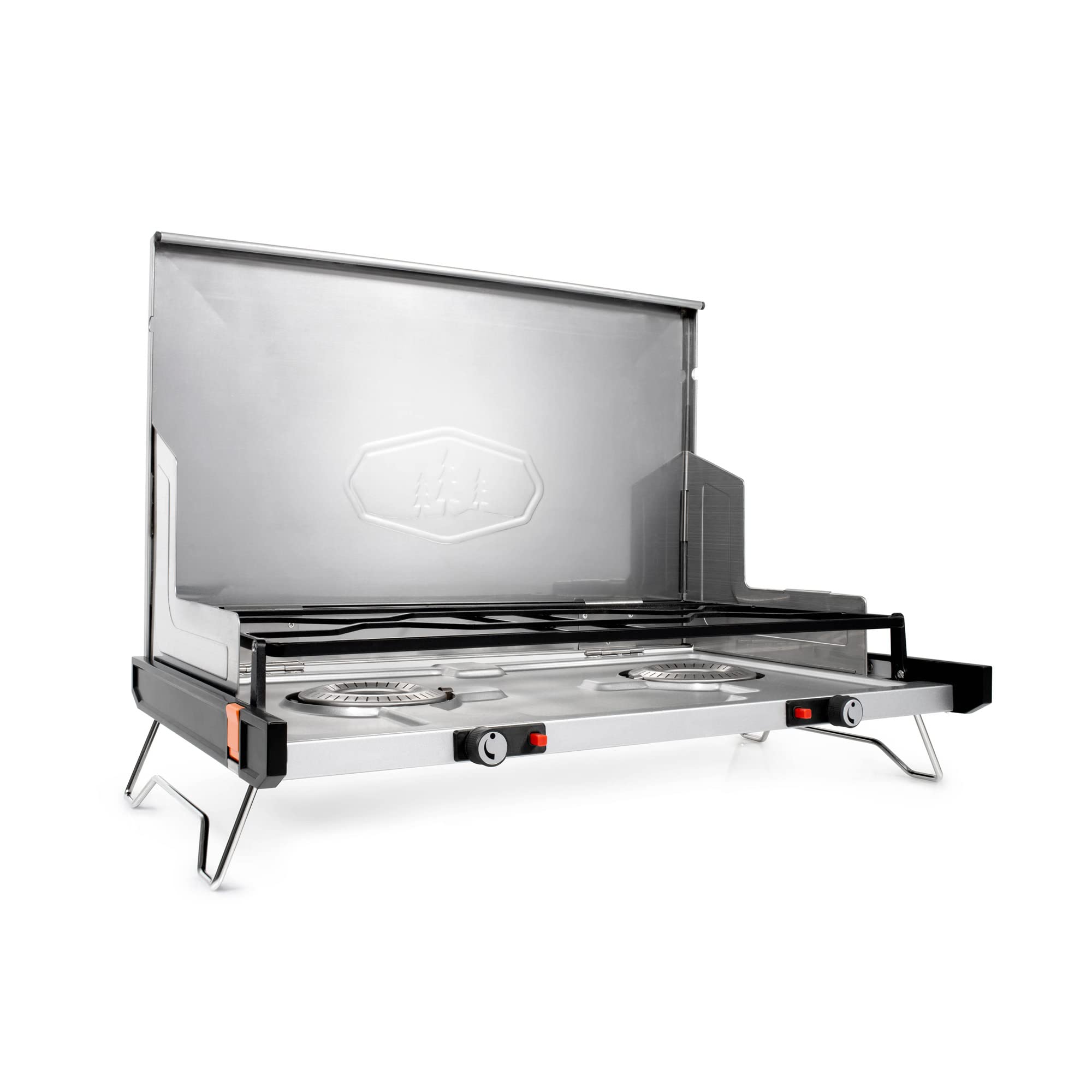GSI Outdoors Pinnacle Pro 2-Burner Camping & Tailgating Stove, Ultra-Slim Portable Propane, 25,000 BTU, Windscreens, Folding Leg