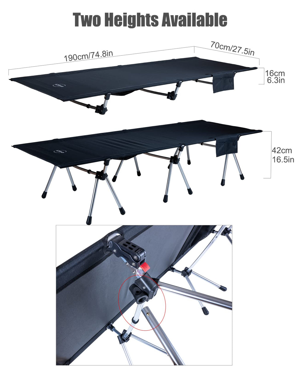 Iclimb Super Easy Assemble Folding Cot Ultralight Compact Heavy Duty With Carry Bag For Adults Camping Backpacking (Black, Two H