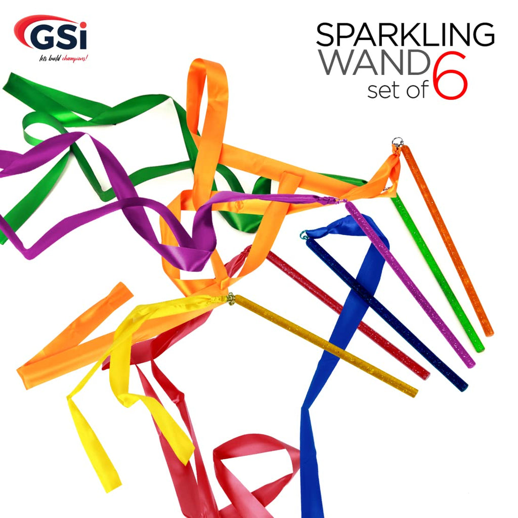 Gsi Multicolor Sparkling Gymnastic Ribbon Wands [6 Pack] With 9 Inch Stick And 1 Meter Ribbon For Gym, Training, Circus, Dance,