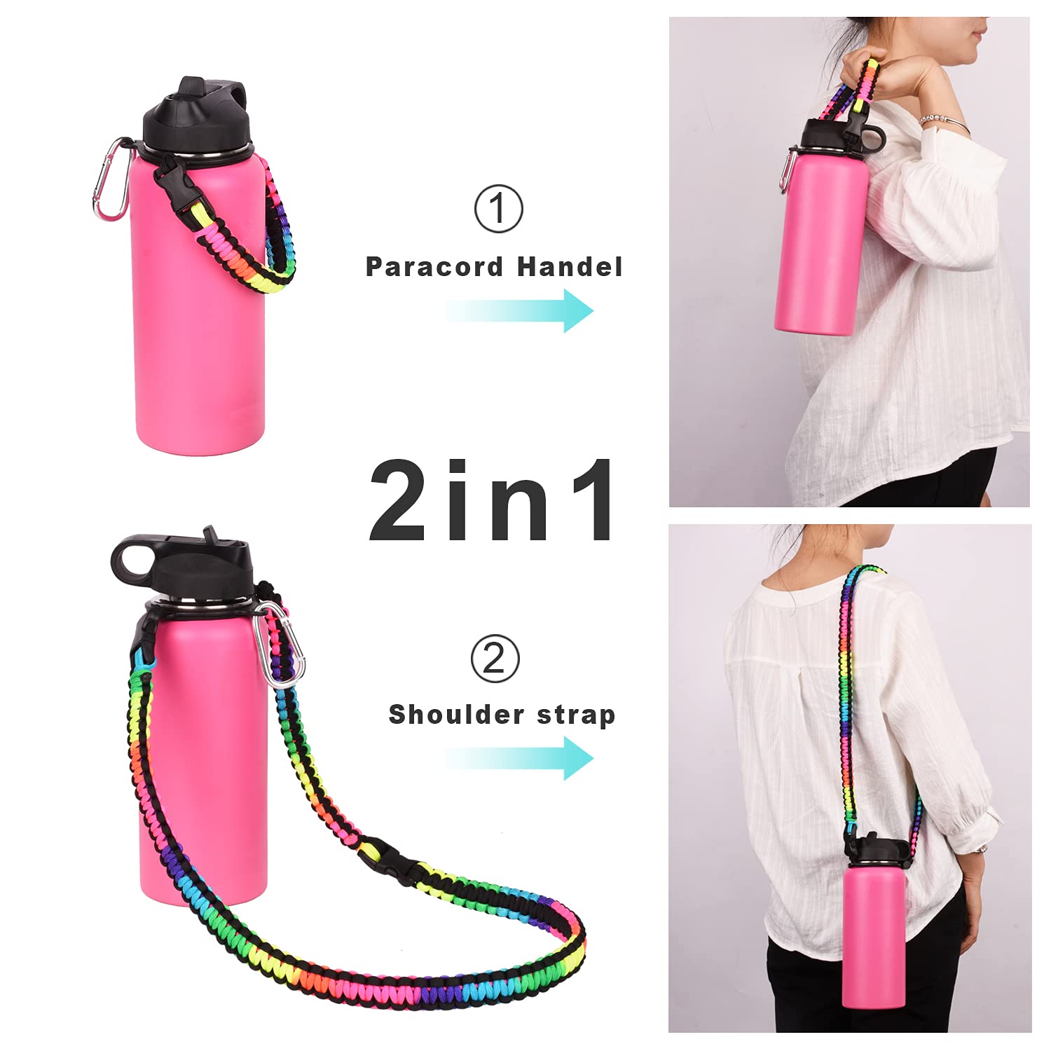 Wongeto Paracord Handle Carrier Holder With Shoulder Strap,Compatible With Hydro Flask Wide Mouth Water Bottles 12Oz - 64 Oz And