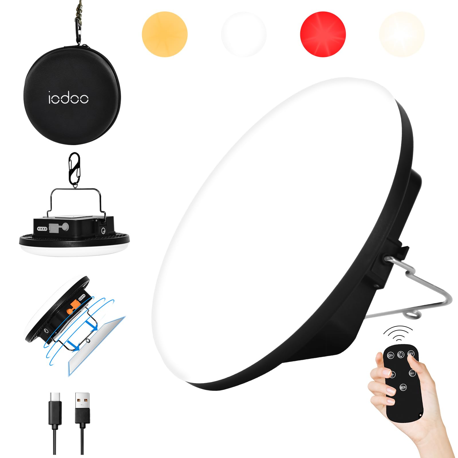 IODOO 16500mAh 60W Rechargeable Camping Light with Remote 3000LM 2700/4000/6500K LED Camping Lantern Portable IP65 Waterproof Te
