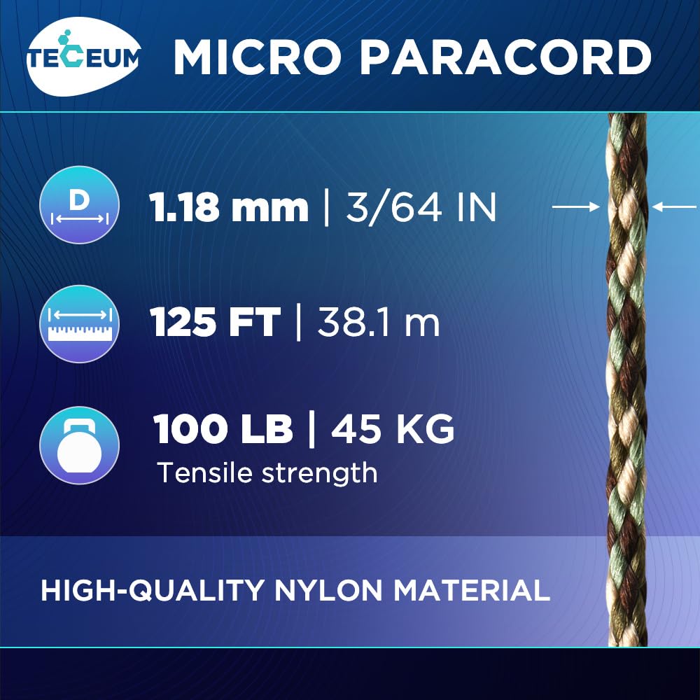 Teceum Micro Paracord - Camo - 1.18 Mm X 125 Ft - Micro Utility Cord - Thin Braided Paracord Rope Nylon Polyester - Wind Chime R