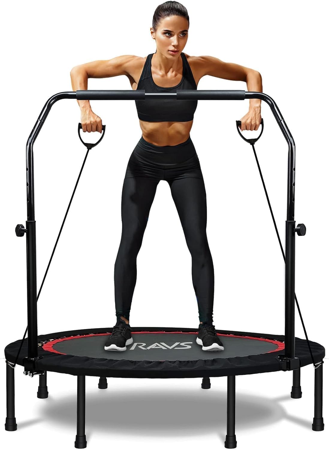 RAVS Mini Trampoline for Kids Adults 40/48 Foldable Fitness Rebounder Kids Trampoline with 5 Levels Height Adjustable Handle Res
