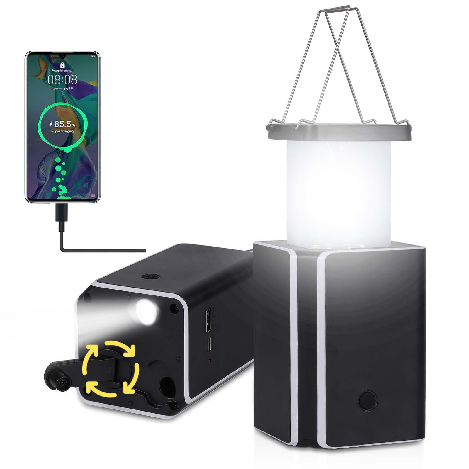 Solar LED Rechargeable Emergency Camping Lantern,White Solar Rechargeable,Rechargeable Type C,Emergency Lights Hand-Crank Power 