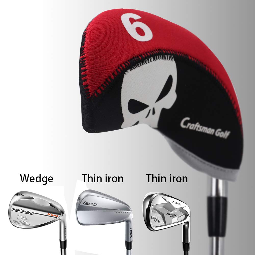 Craftsman Golf 11Pcs Multi Color Skull Golf Club Neoprene Iron Head Cover Headcover Set Protector Cases (Red & Black)