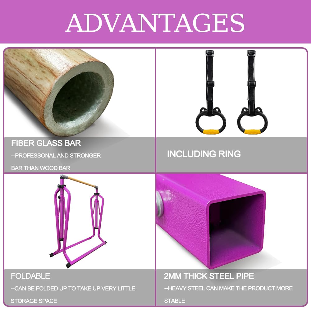 Foldable & Movable Gymnastics Kip Bar,Horizontal Bar For Kids Girls Junior,No Wobble Gym Equipment For Home Indoor,3 To 5 Adjust