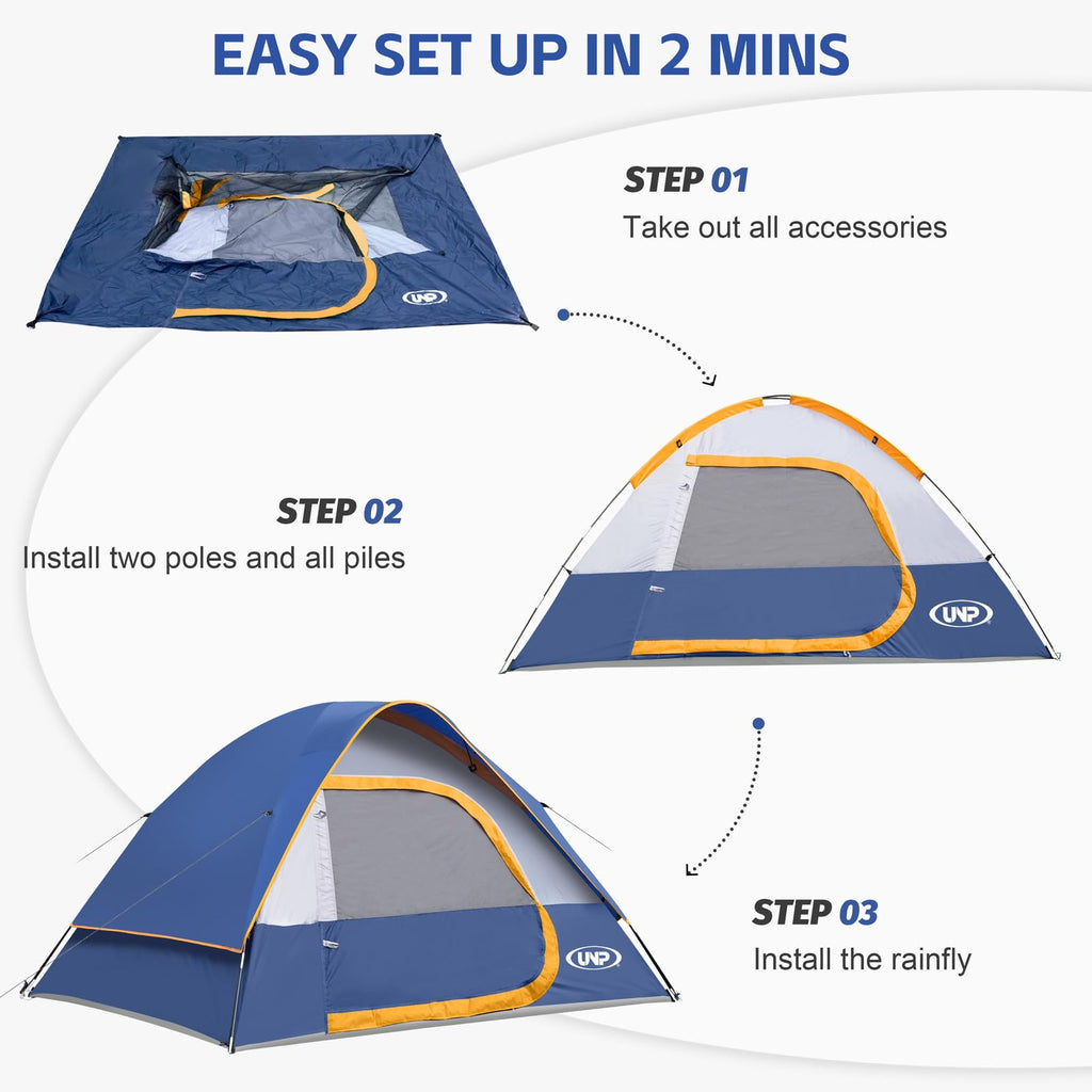 Unp Camping Tent 4 Person, Waterproof Windproof Tent With Rainfly Easy Set Up Portable Dome Tents For Camping (Navy Blue)