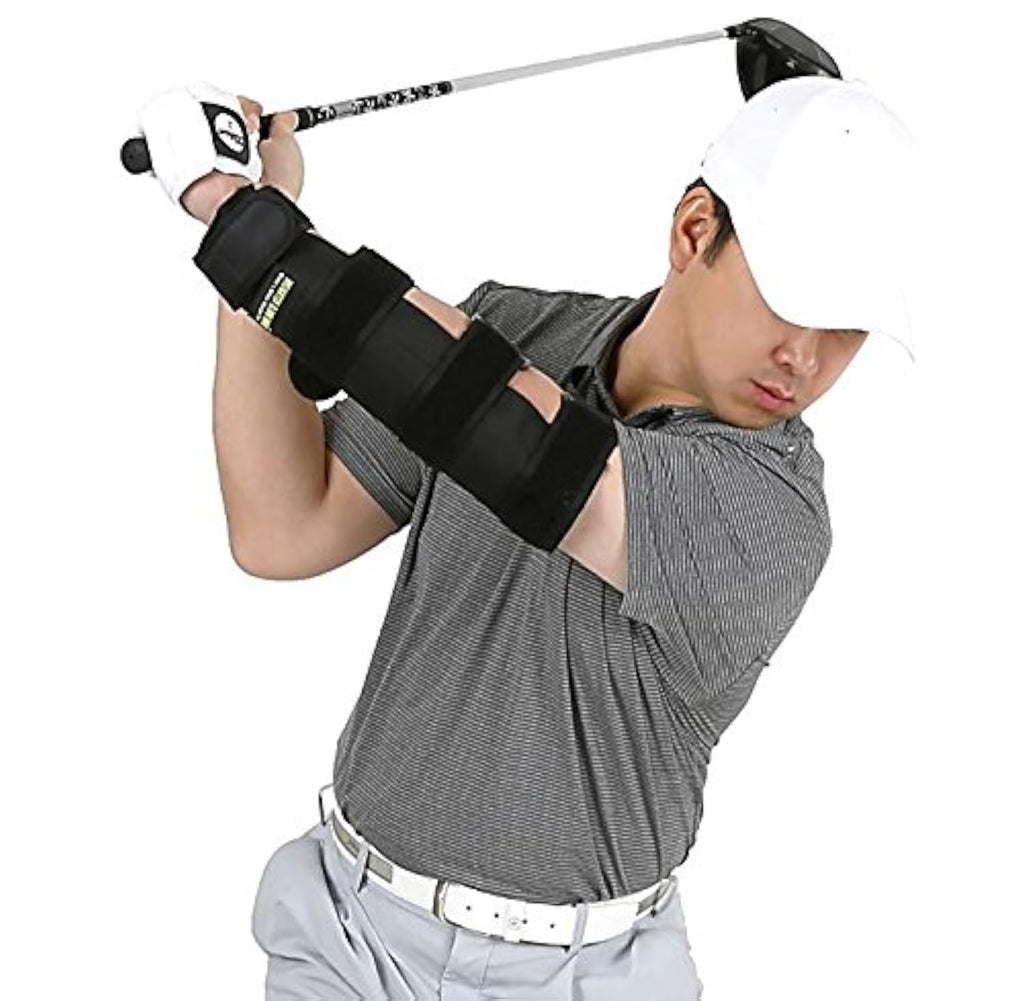 Weighted Elbow Brace - Shoulder Turn & Straight Arm Golf Swing Trainer Increasing The Moment Of Inertia Force (Rigid, Us Patente