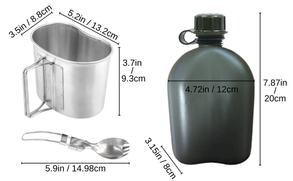 Begrit Military Canteen Army Canteen Wwii Us G.I. Style Canteen Kit With Aluminum Cup Stainless Steel Foldable Spoon Fork For Hi