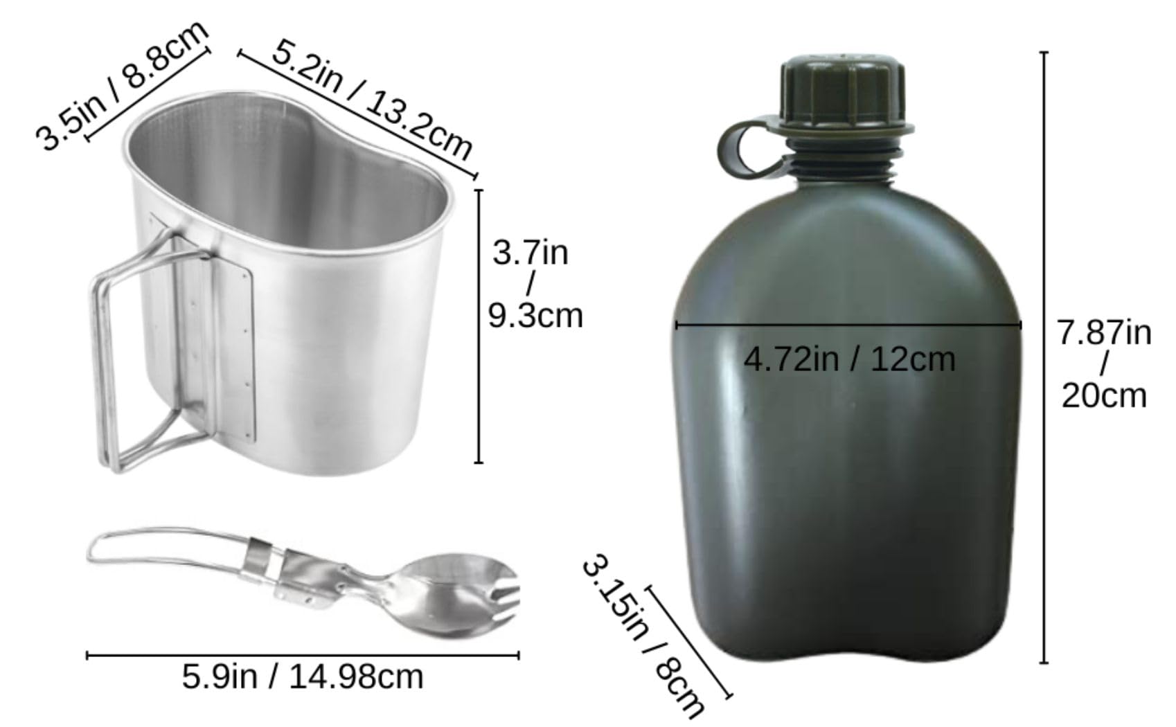 Begrit Military Canteen Army Canteen Wwii Us G.I. Style Canteen Kit With Aluminum Cup Stainless Steel Foldable Spoon Fork For Hi
