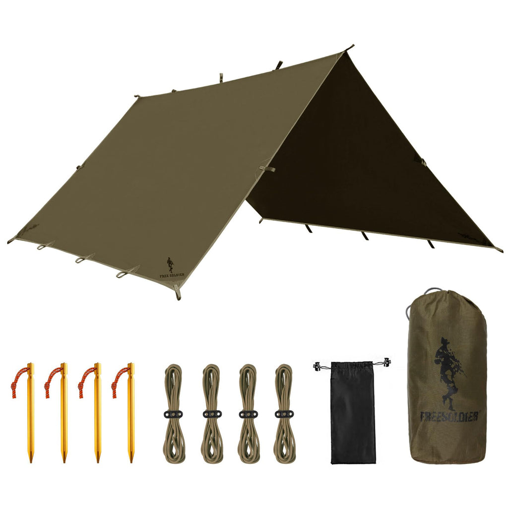 Free Soldier Camping Tarp Waterproof Portable Multifunctional Outdoor Traveling Awning Backpacking Shelter Rain Tarp (Olive-Gree