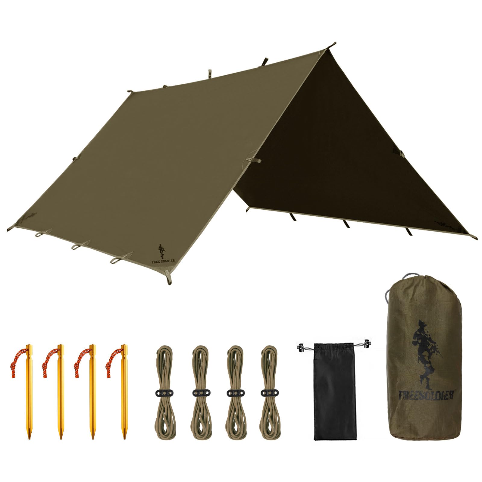 Free Soldier Camping Tarp Waterproof Portable Multifunctional Outdoor Traveling Awning Backpacking Shelter Rain Tarp (Olive-Gree