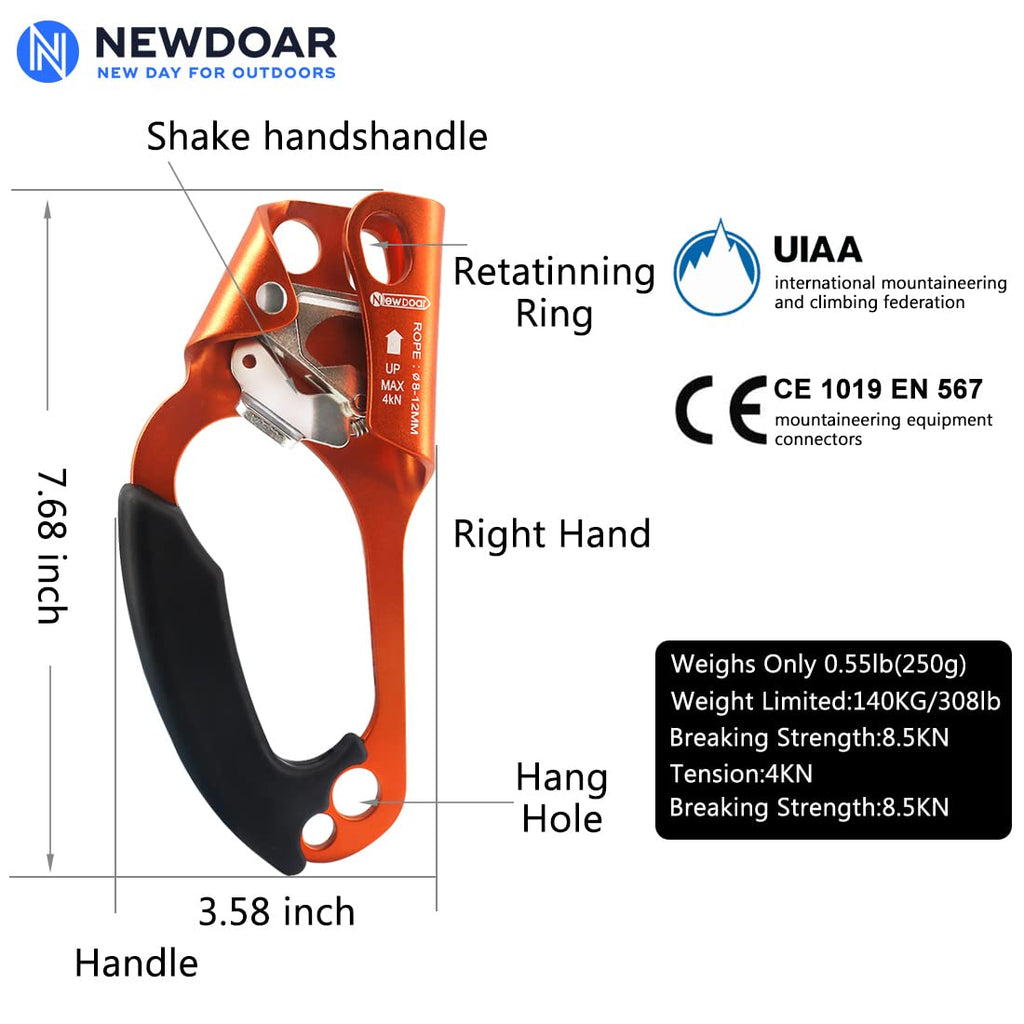 Newdoar Left Hand Ascender Rock Climbing Tree Arborist Rappelling Gear Equipment Ce Certified Rope Clamp For 8~13Mm Rope(Left Or