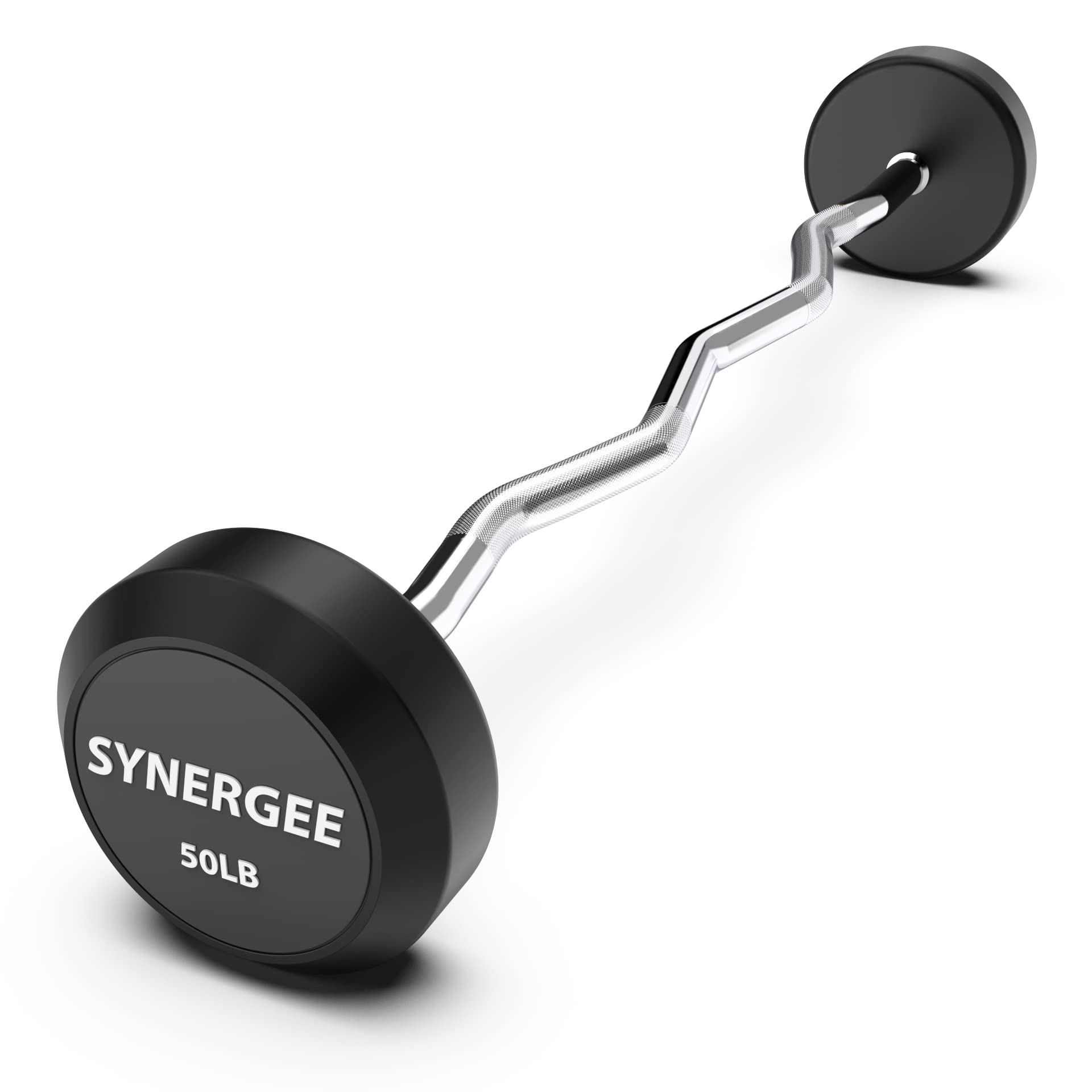 Synergee Fixed 50LB Easy Curl Bar - Pre Weighted Curved Steel Bar with Rubber Weights