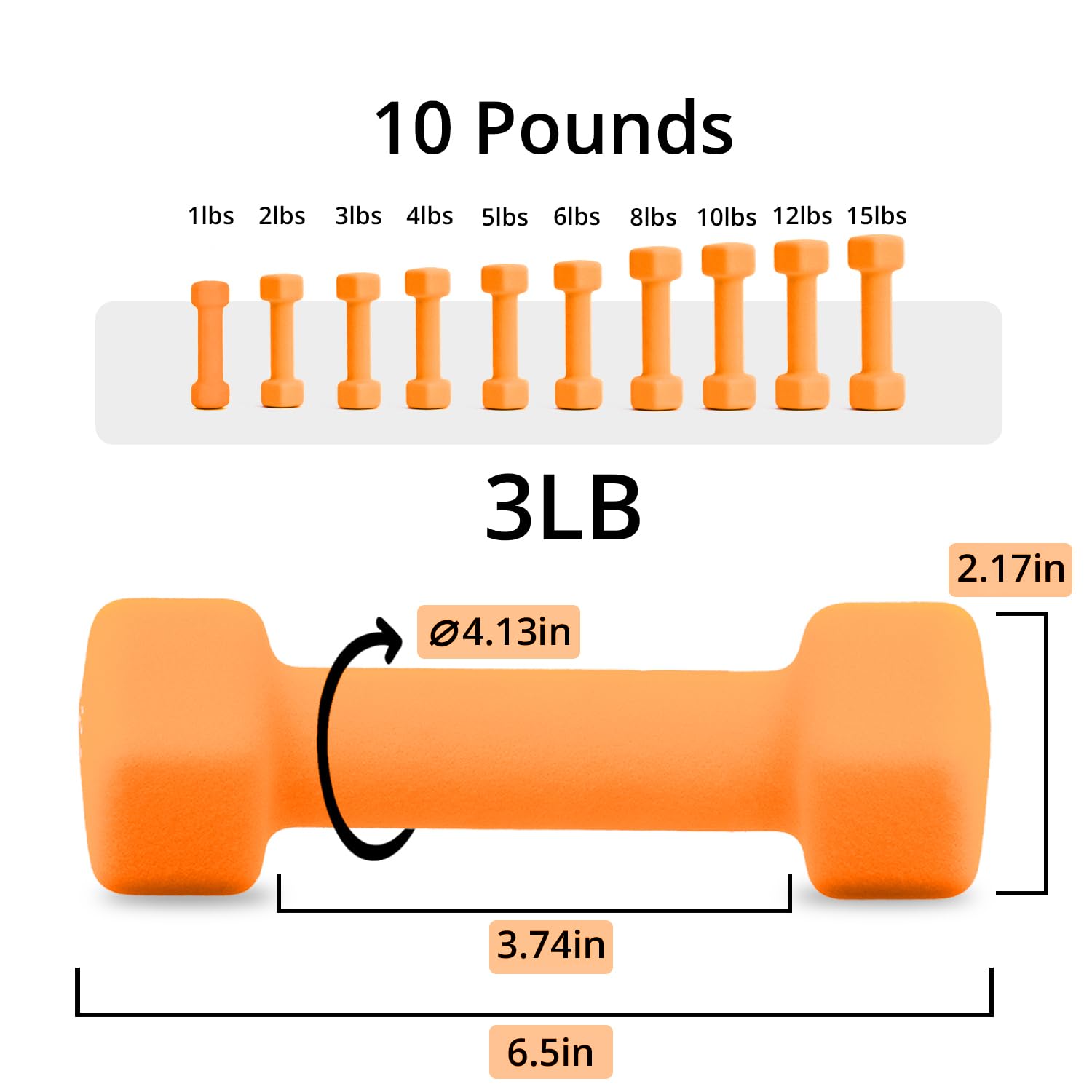 Portzon Weights Orange Dumbbells With Set Of 2 Neoprene Dumbbells Set, 3 Lb, Anti-Slip, Anti-Roll, Hex Shape