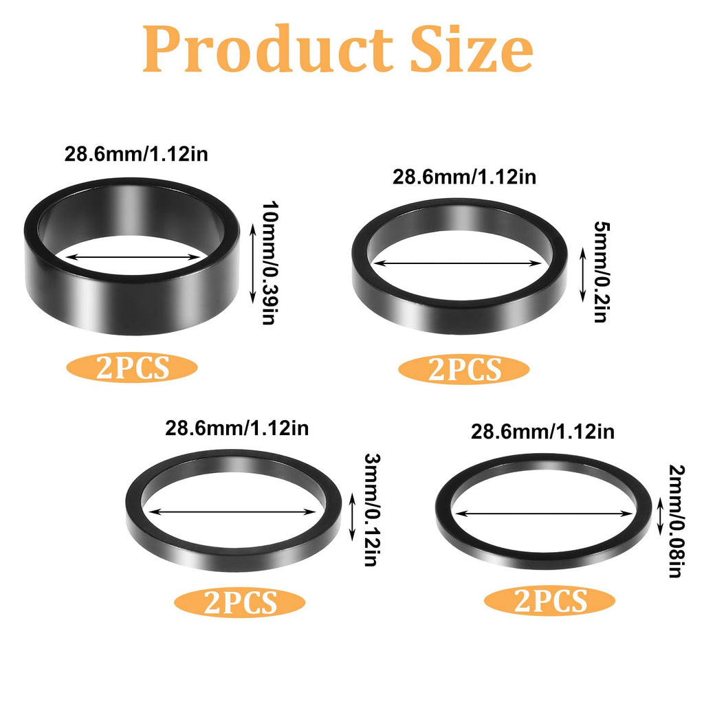 Bruislard 8 Pcs Bicycle Headset Spacer, 4 Sizes Aluminium Alloy Bike Handlebar Stem Spacers Threadless Fork Washer Fit For 1 1/8