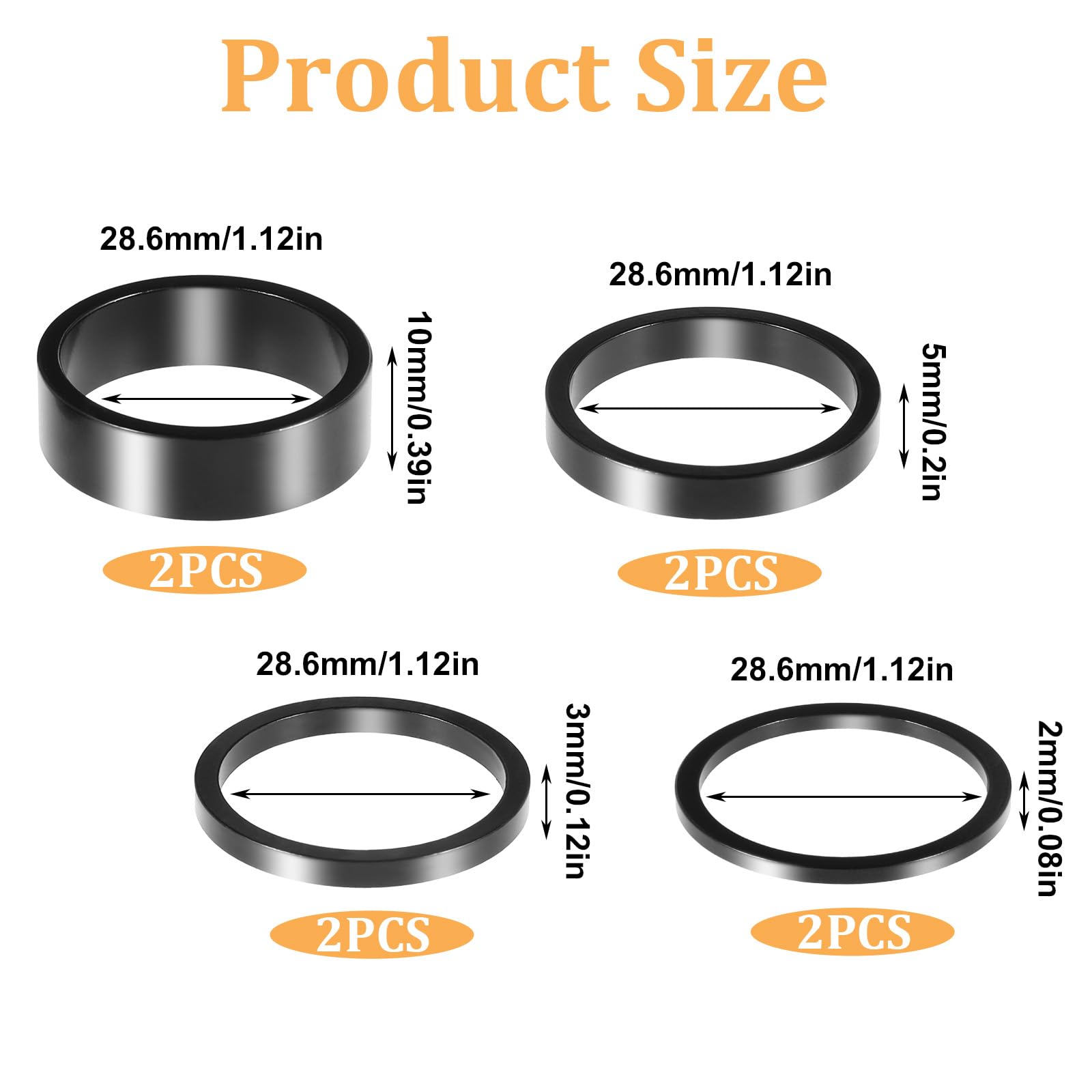 Bruislard 8 Pcs Bicycle Headset Spacer, 4 Sizes Aluminium Alloy Bike Handlebar Stem Spacers Threadless Fork Washer Fit For 1 1/8