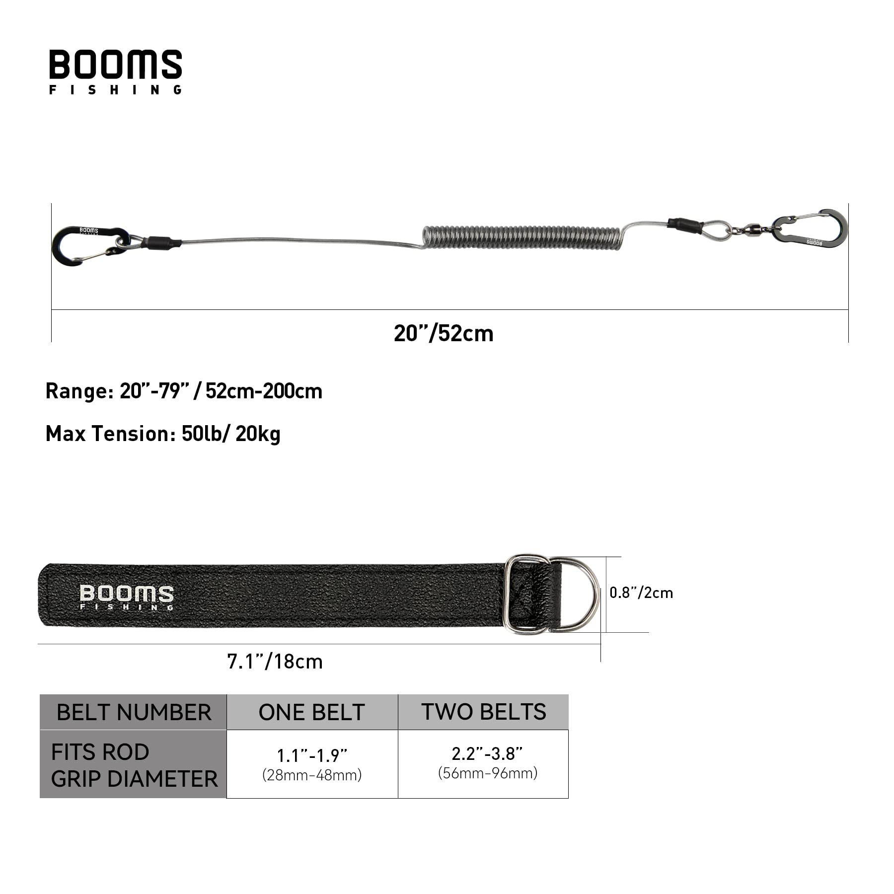 Booms Fishing T02 Fishing Pole Tether With 7.1'' Belt, Kayak Paddle Leash, Paddle Board Fishing Accessories, Heavy Duty Fishing