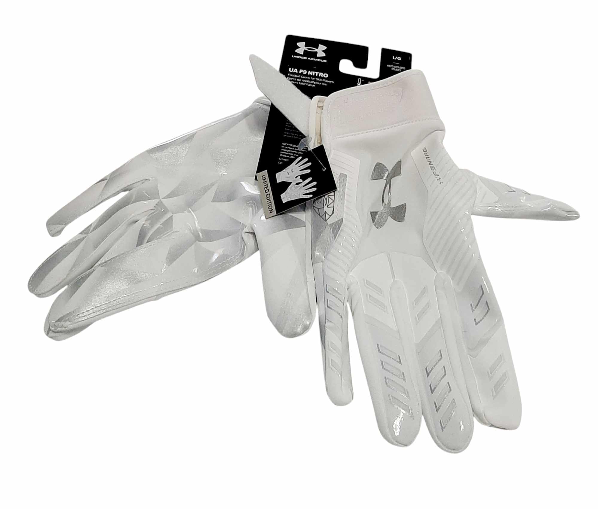 Under Armour Men'S F9 Nitro Novelty Football Gloves, (101) White/Distant Gray/Metallic Silver, Medium