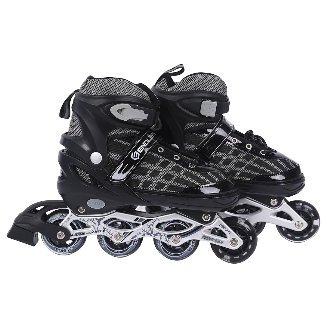 Endless EL1025 Inline Adjustable Skate | Color: Black | Size: Medium (US1-US5) | for Kids 6 to 12 Years | Aluminium Chassis & 70