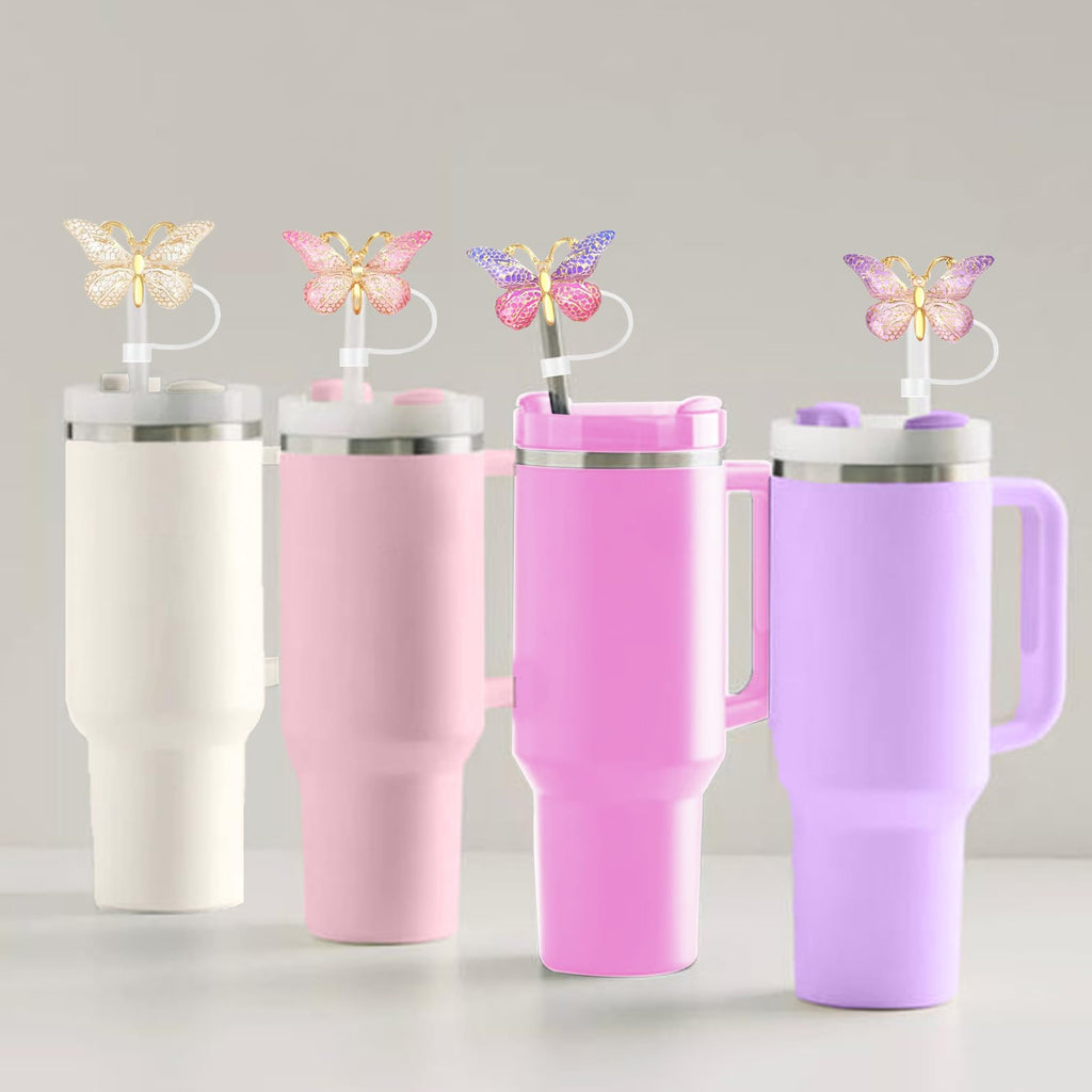 SEMATA 6PCS Cute Butterfly Straw Cover Cap for Stanley Cup Accessories,Bling Straw Toppers for Stanley Tumbler 40&30 oz,Reusable