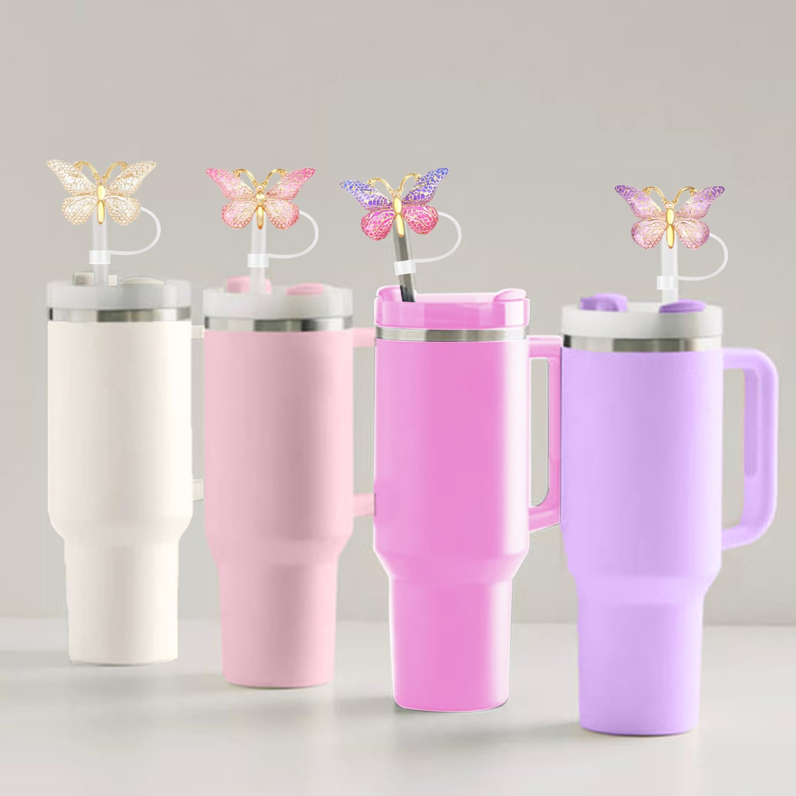 SEMATA 6PCS Cute Butterfly Straw Cover Cap for Stanley Cup Accessories,Bling Straw Toppers for Stanley Tumbler 40&30 oz,Reusable