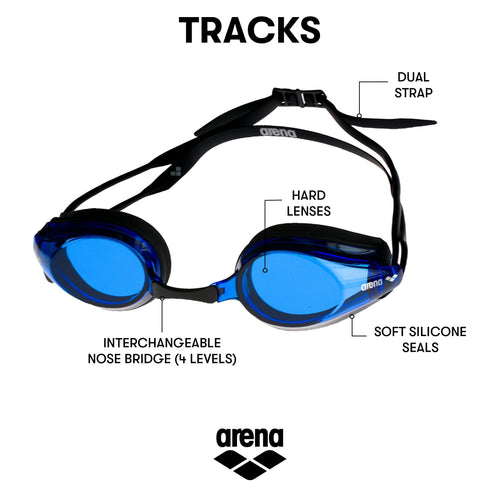 Arena Tracks Swim Goggles, Black / Blue / Black, Non-Mirror