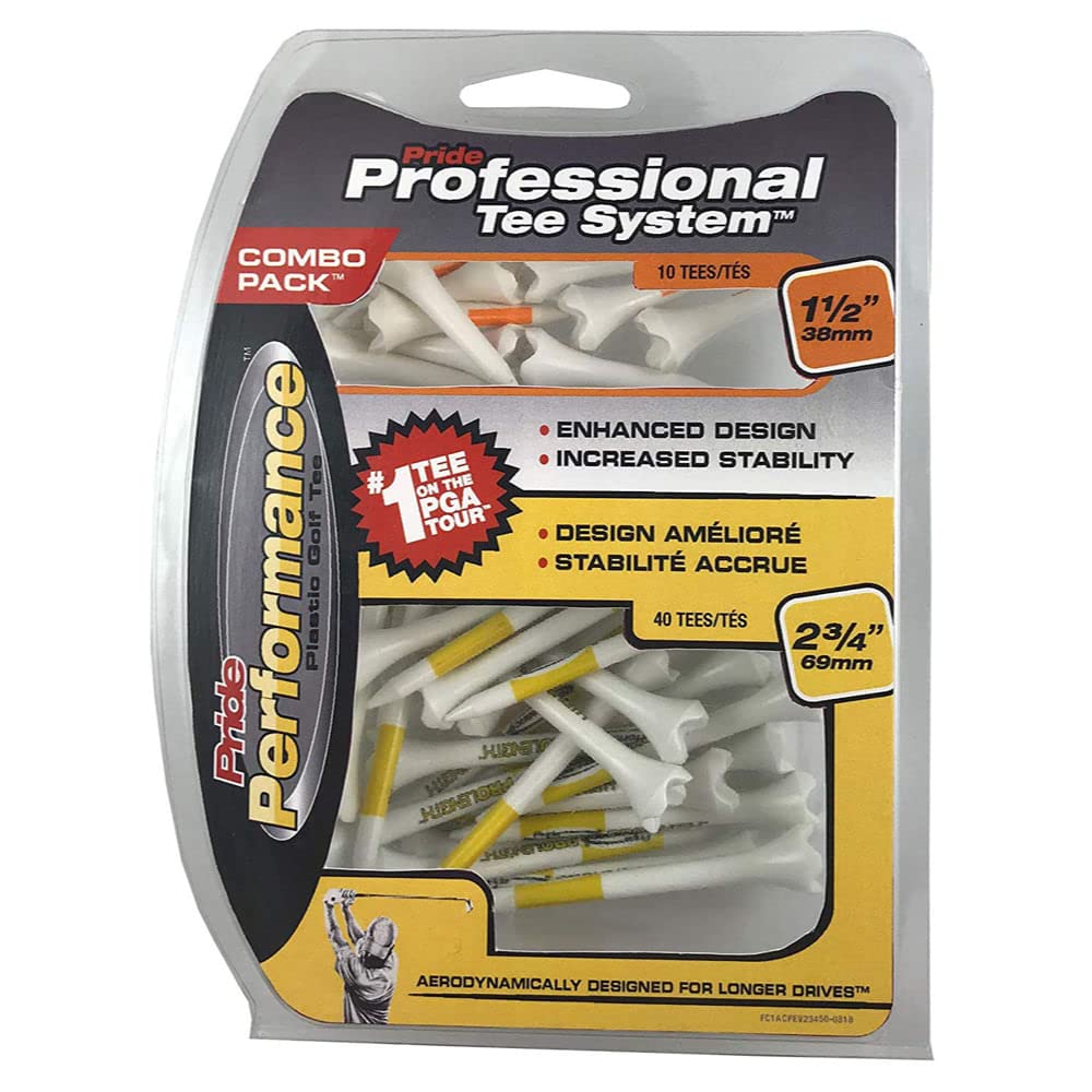 Pride Professional Tee System Plastic Golf Tees (Pack Of 50), 40 Count 2-3/4-Inch + 10 Count 1-1/2-Inch,White