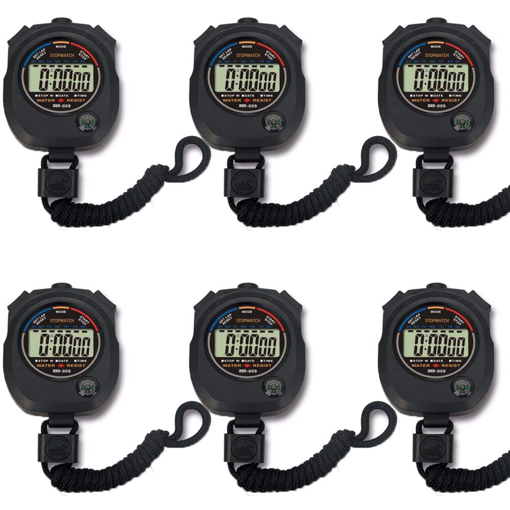 6 Pack Multi-Function Electronic Digital Sport Stopwatch Timer, Large Display With Date Time And Alarm Function,Suitable For Spo