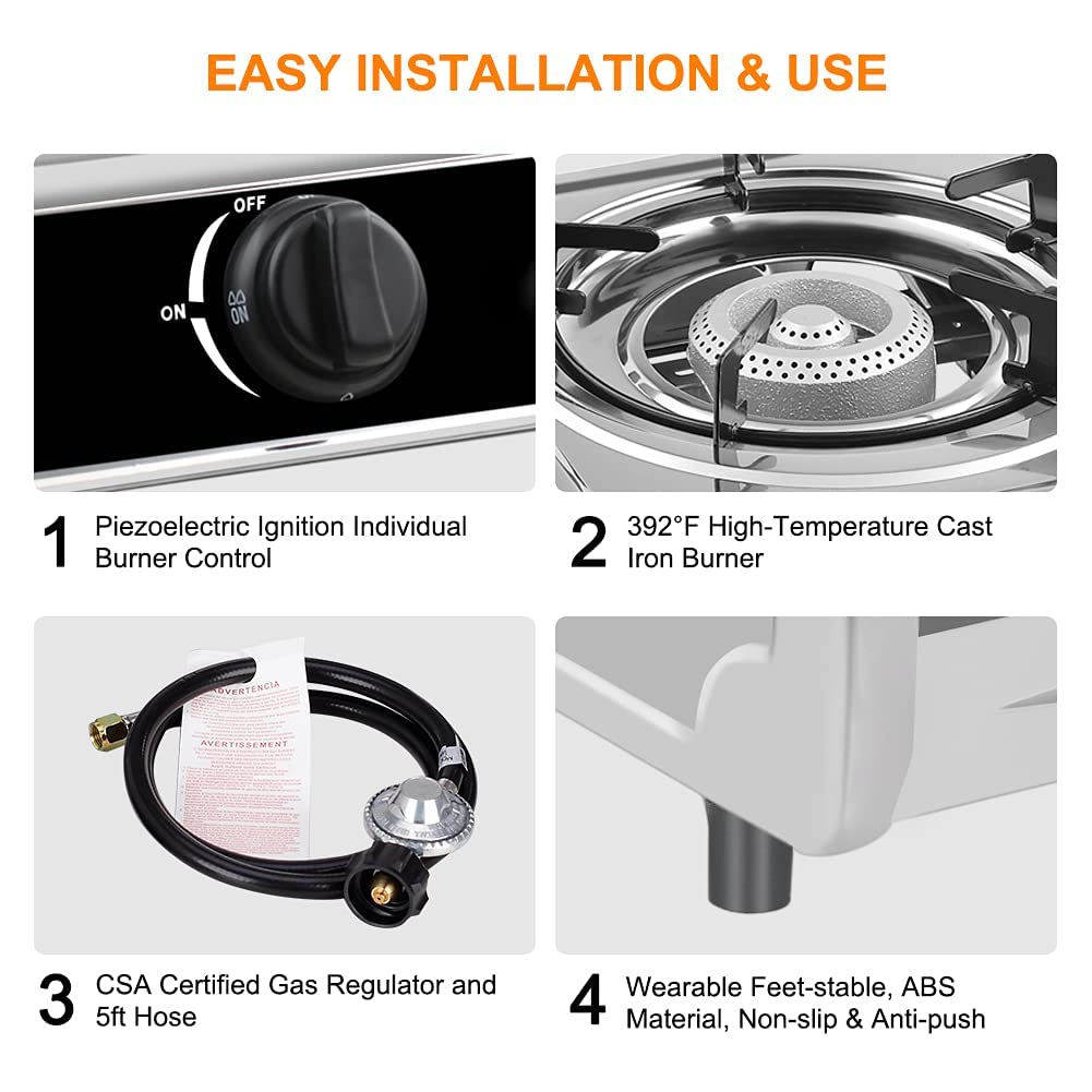 Camplux Camping Stove 2 Burners 19,600 Btu, Stainless Steel Gas Stove With Auto Ignition