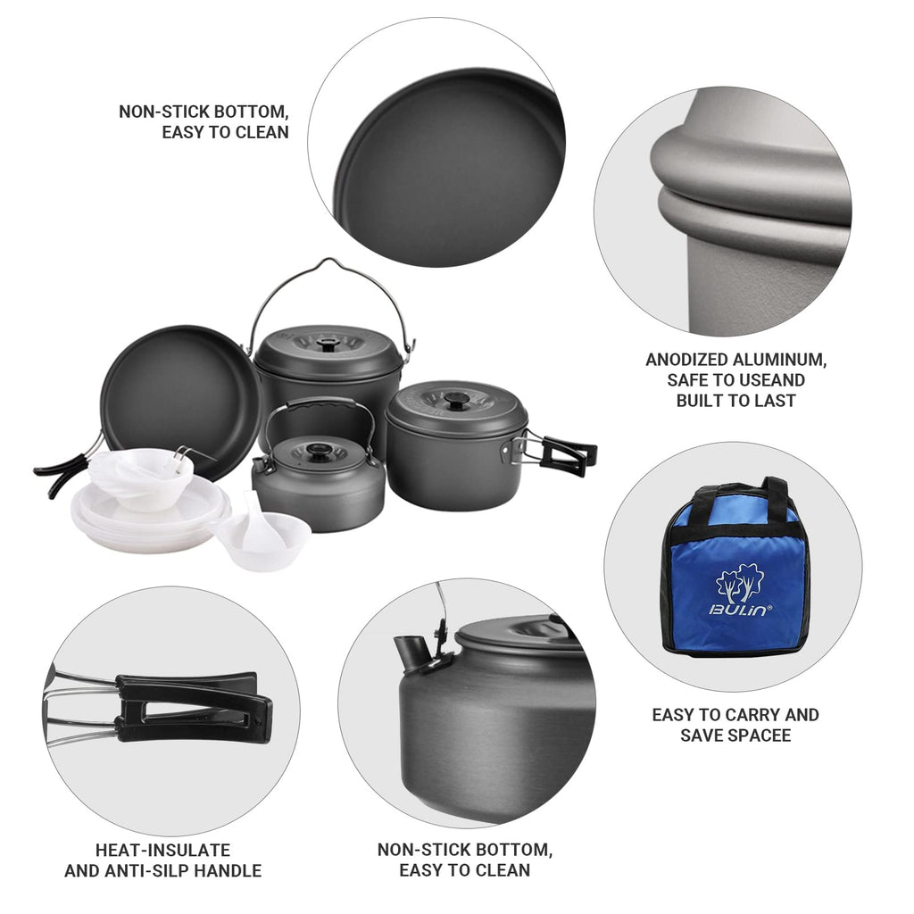 Bulin 13Pcs Camping Cookware Mess Kit, Nonstick Backpacking Cooking Set, Outdoor Cook Gear For Family Hiking, Picnic Lightweight