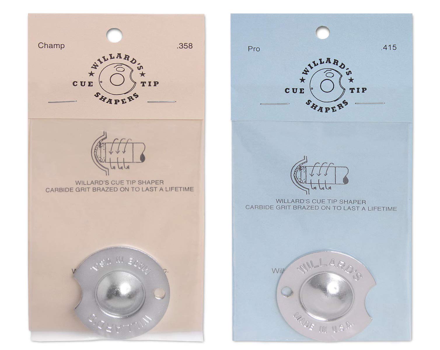 Willards Cue Tip Shaper Nickel Radius .415 Inches Cue Tip Shaper Dime Radius .358 Inches 2-Piece Set