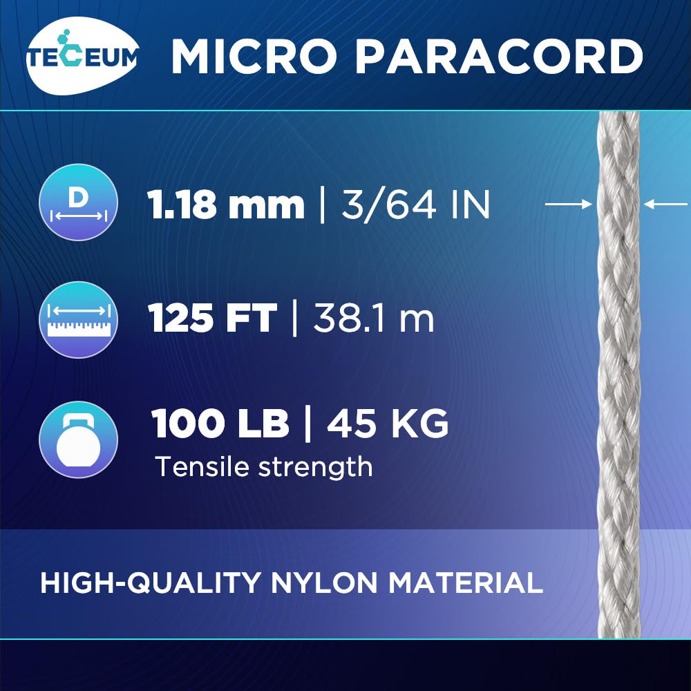 Teceum Micro Paracord - Silver Gray - 1.18 Mm X 125 Ft - Micro Utility Cord - Thin Braided Paracord Rope Nylon Polyester - Wind