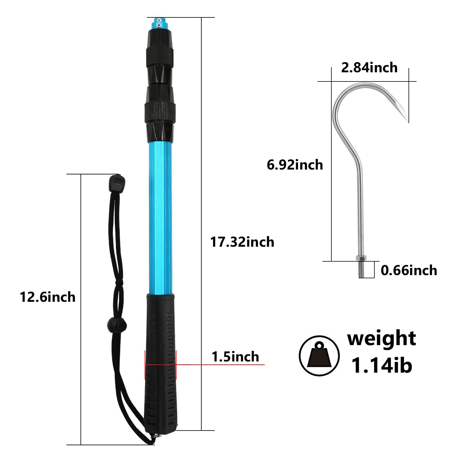 Sanlike Telescopic Fish Gaff With Stainless Sea Fishing Spear Hook Tackle, Soft Rubber Handle Aluminium Alloy Pole For Saltwater