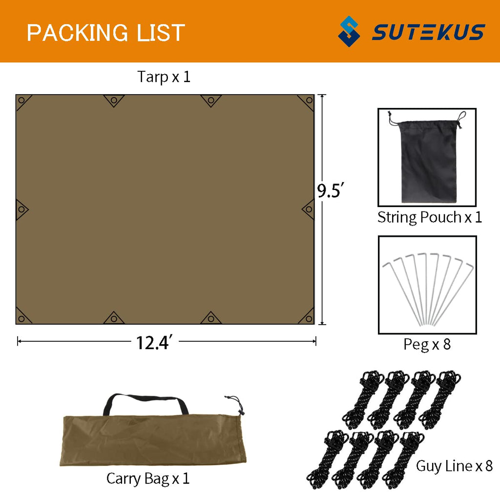 Sutekus Camping Tarp Rain Fly Tarp Waterproof Tent Tarp Lightweight Ripstop Fabric 12Ft Extra Large Tarp (Khaki)