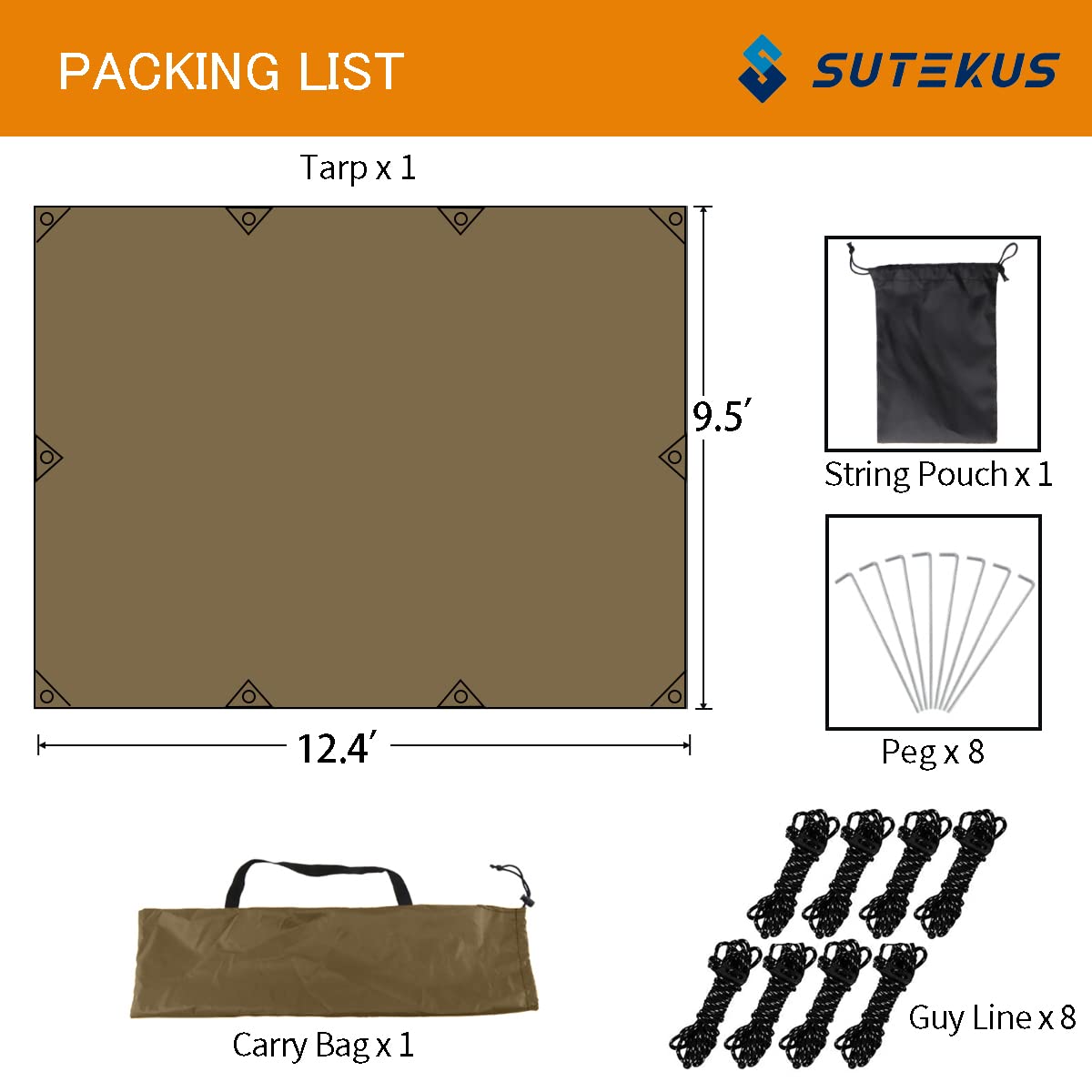 Sutekus Camping Tarp Rain Fly Tarp Waterproof Tent Tarp Lightweight Ripstop Fabric 12Ft Extra Large Tarp (Khaki)