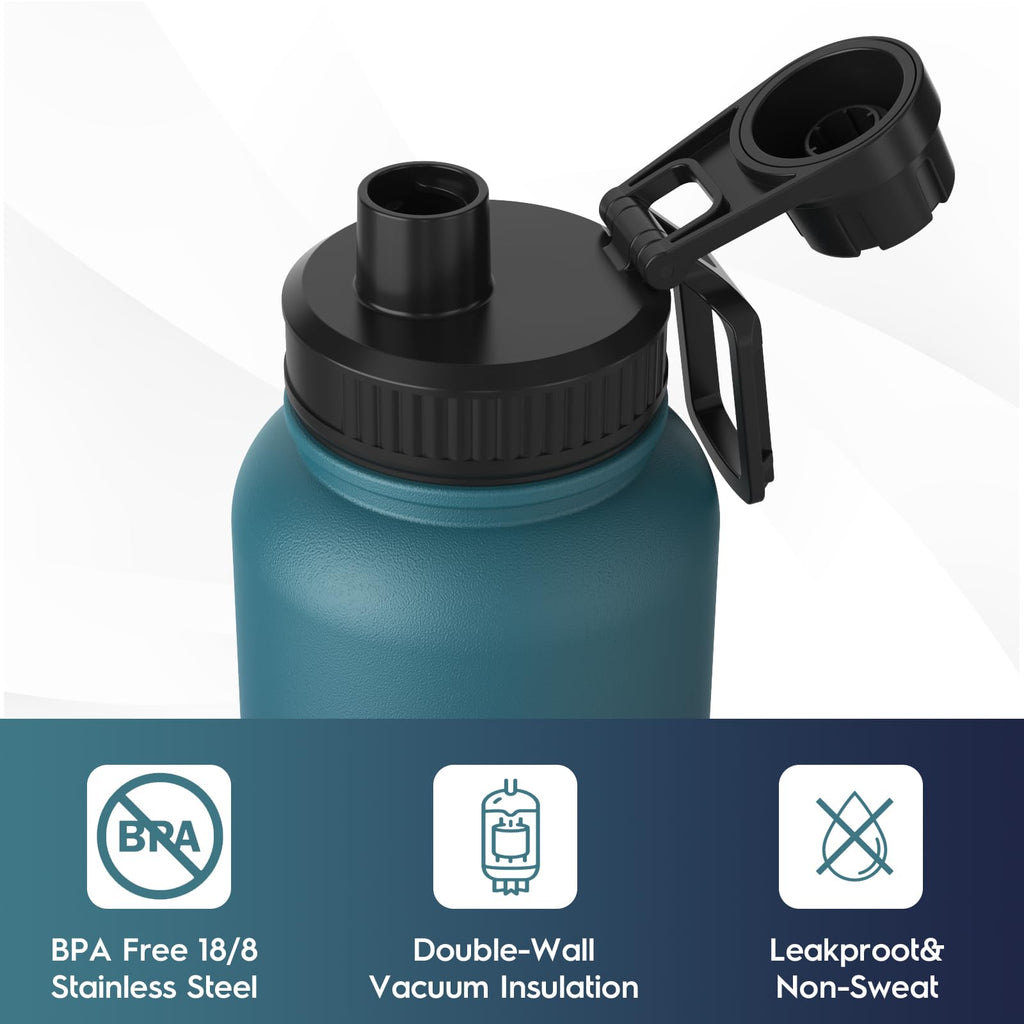 Navigate 32 oz Insulated Stainless Steel Sports Water Bottle with Spout & Handle Lids,Wide Mouth Water Jug with Double Walled Le