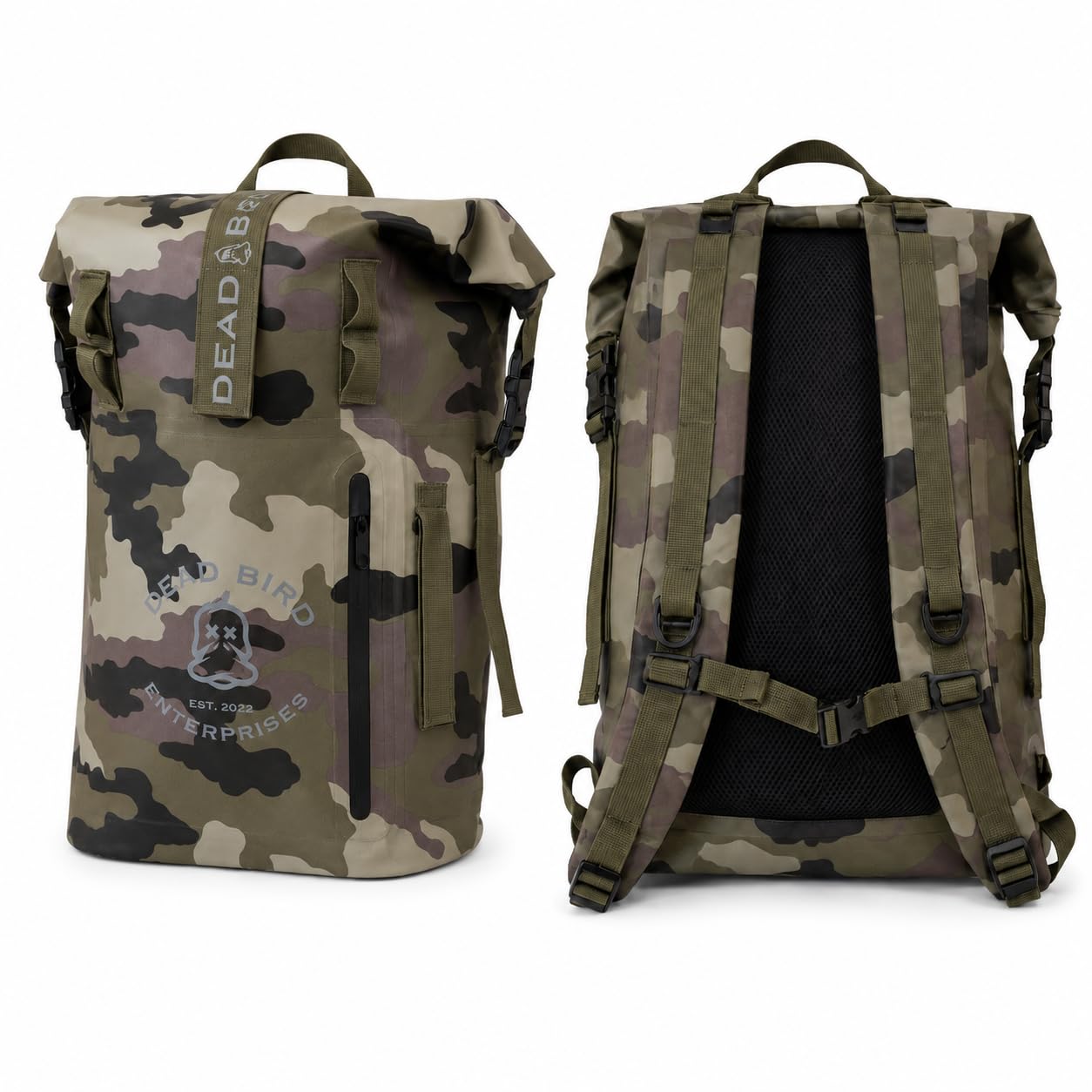 Dead Bird Enterprises Roll Top Waterproof Backpack, 25L Camouflage Pattern Dry Bag with MOLLE Loops and Adjustable Straps, Water
