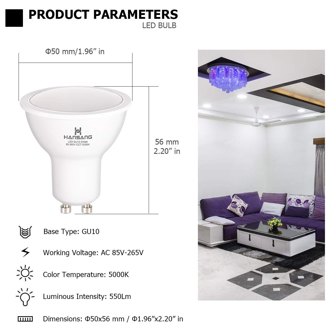 Hansang Gu10 Led Bulbs Lighting,Led 55 Watt Replacement 50W Halogen, 85-265Vac, 550 Lumens, 5000K (Daylight), 120A,Frosted Mr16