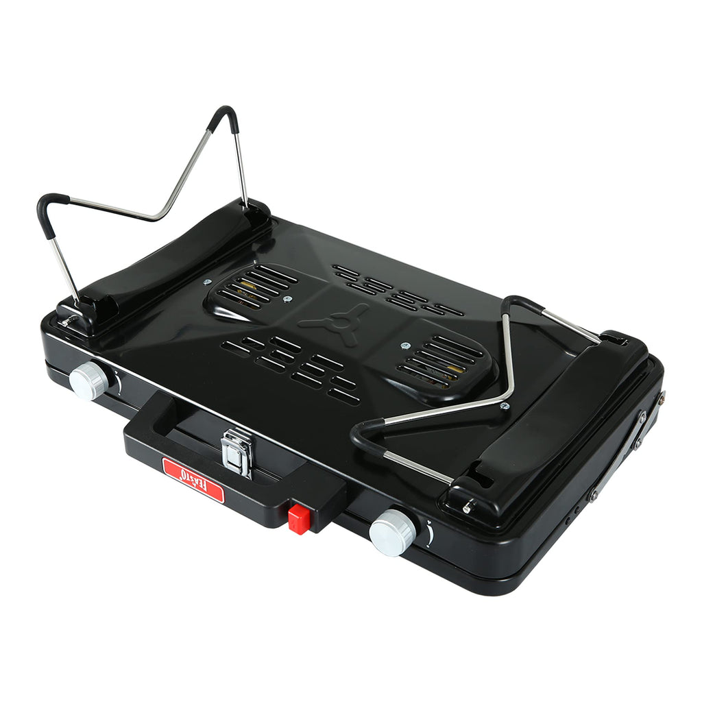 Feasto Camping Propane Stove, Portable Camping Grill Stove, Push-Button Ignition, Adjustable Windproof Burners, Wind Guards, Fol