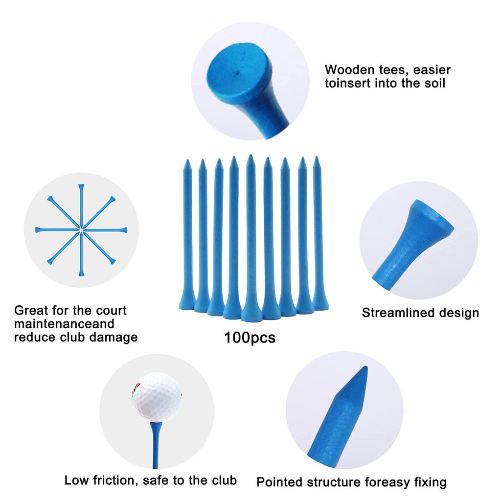 Gfgl Golf Tees (Blue) Durable Bamboo Tees 100Pcs 3-1/4'' Friendly Biodegradable Material Reduce Friction Side Spin More Stable