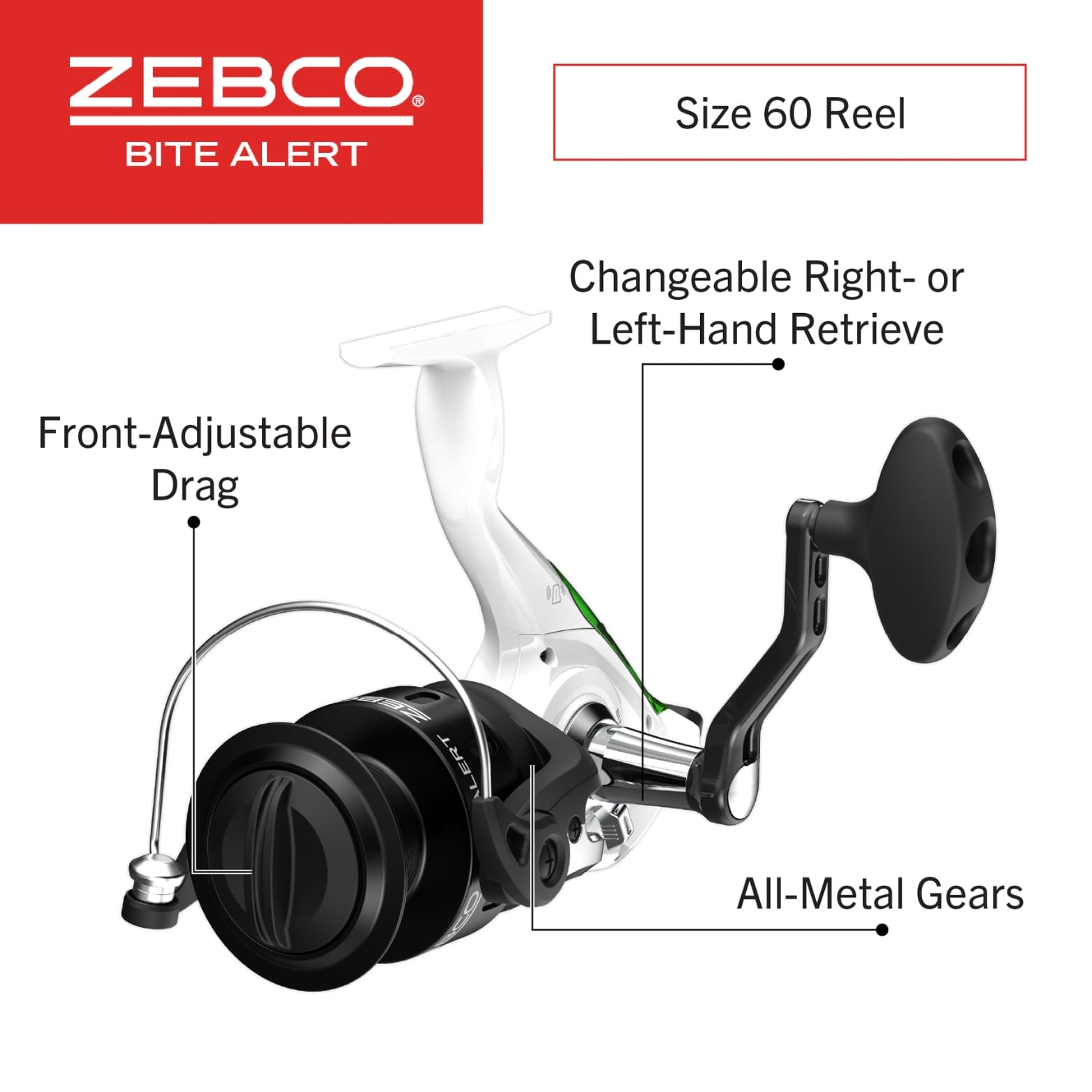 Zebco Bite Alert Spinning Reel And Fishing Rod Combo, 7-Foot 2-Piece Fiberglass Fishing Pole, Extended Eva Handle, Size 60 Reel,