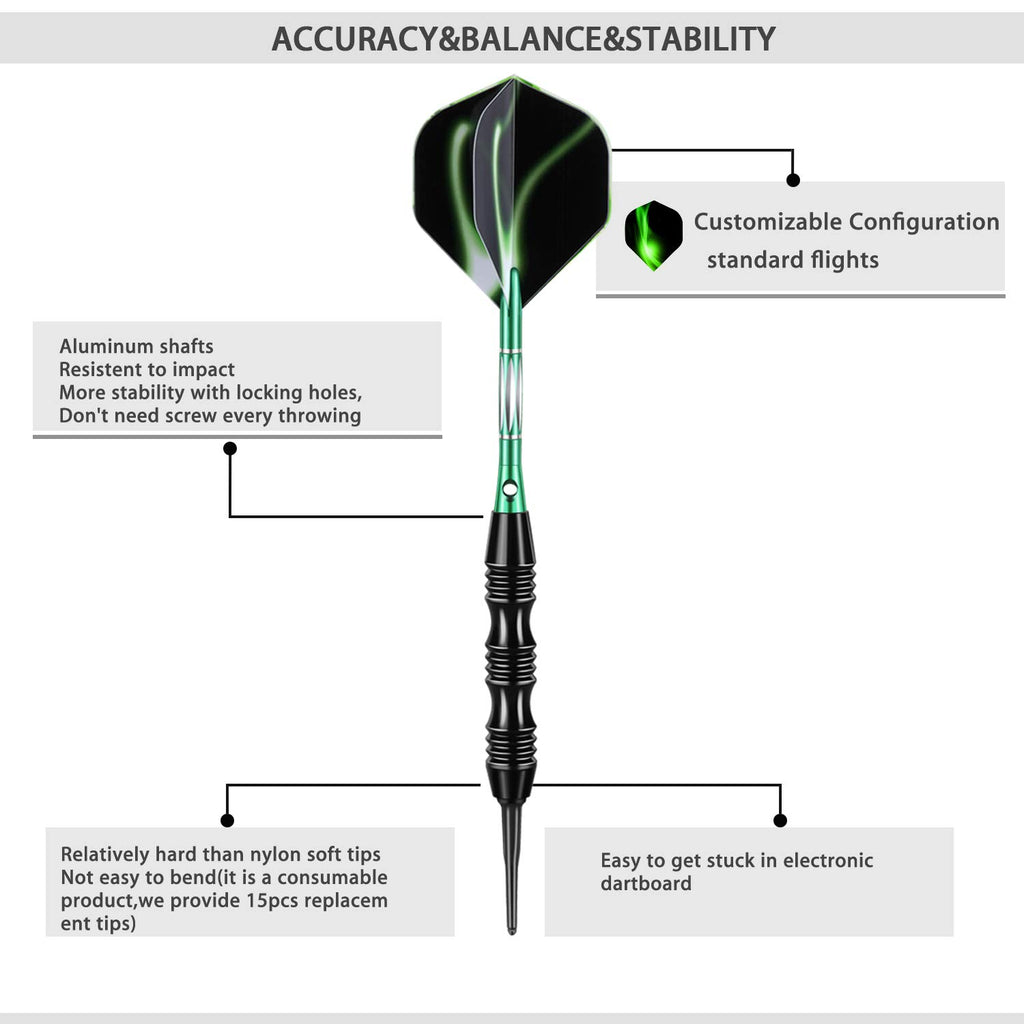 Sanfeng Professional Soft Tip Darts Set 20 Grams W/ 50 O-Rings- 30 Darts Plastic Tip + Green Aluminum Shafts + 6 Standard Flight